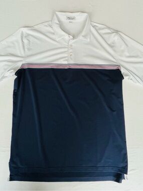Peter Millar Mens Summer Comfort Polo White & Navy ColorBlock Golf Shirt Size XL